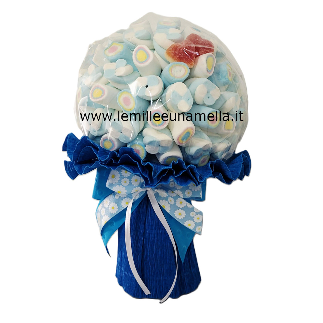 bouquet marshmallow sposa blu azzurro cuoricini vendita online Le Mille e una Mella