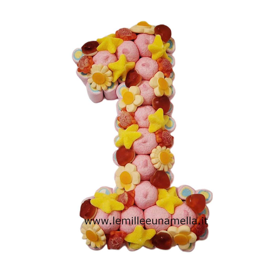 torta di caramelle e marshmallow a forma di numero per compleanno, vendita online Le Mille e una Mella