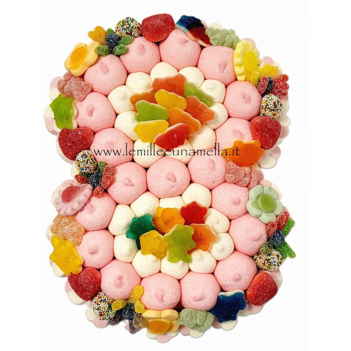 torta di caramelle e marshmallow a forma di numero per compleanno, vendita online Le Mille e una Mella