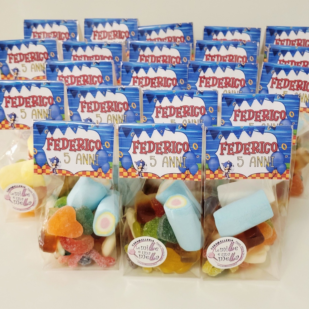 SACCHETTINI CARAMELLE MARSHMALLOW COMPLEANNO BAMBINI SONIC VENDITA ONLINE LE MILLE E UNA MELLA