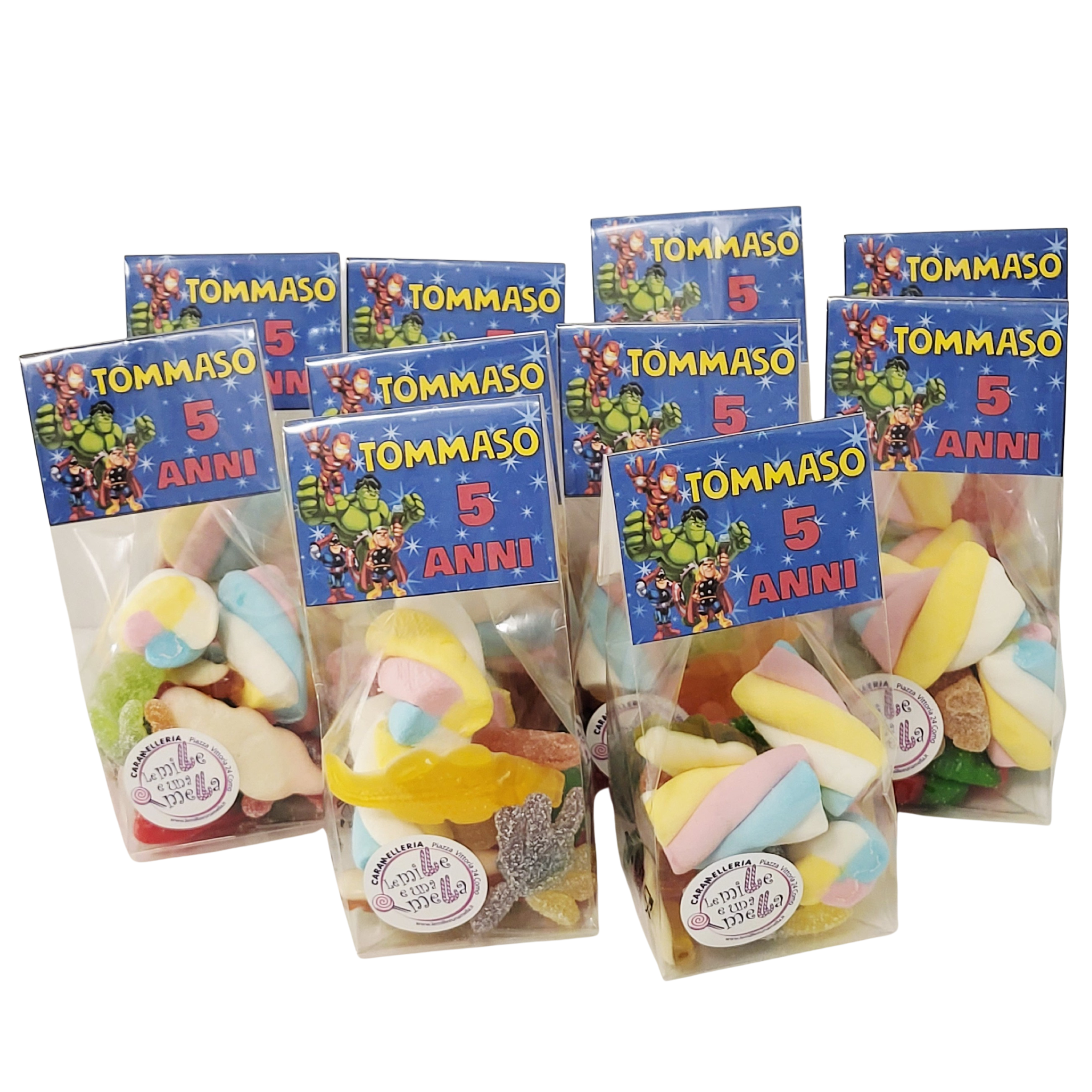 sacchettini caramelle marshmallow compleanno bambini Eroi Marvel vendita online Le Mille e una Mella