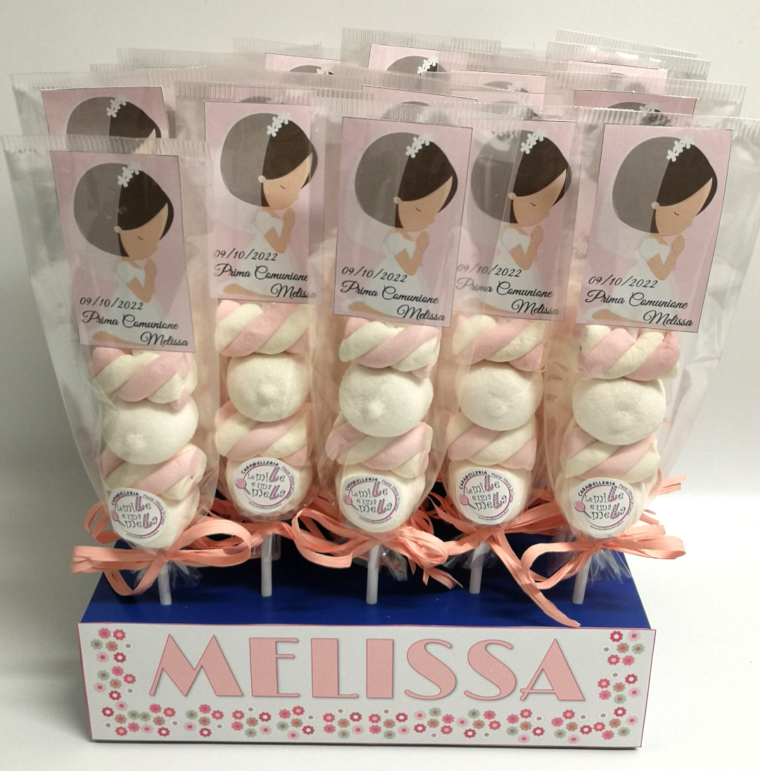 spiedino bomboniera marshmallow caramelle Comunione Cresima Battesimo vendita online Le Mille e una Mella