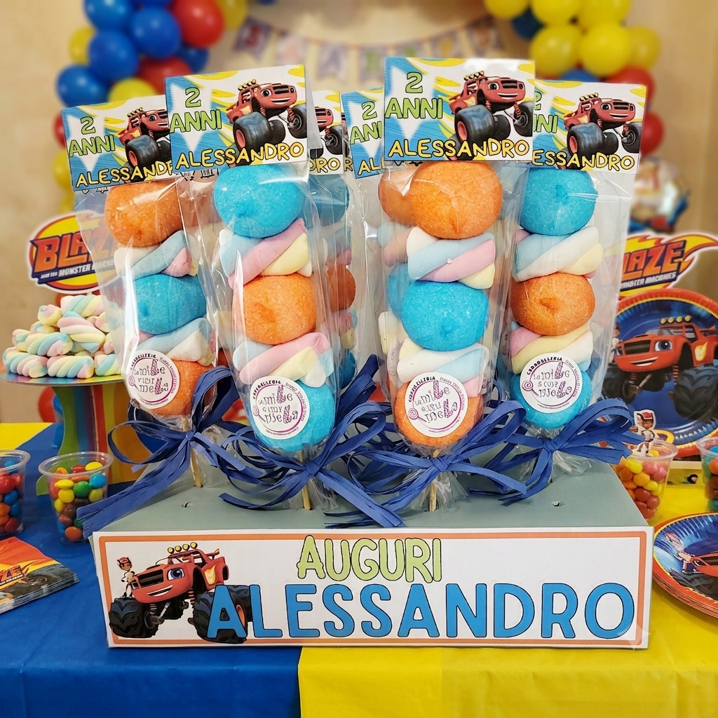 spiedini marshmallow compleanno bambini regali fine festa Blaze Mega Macchine