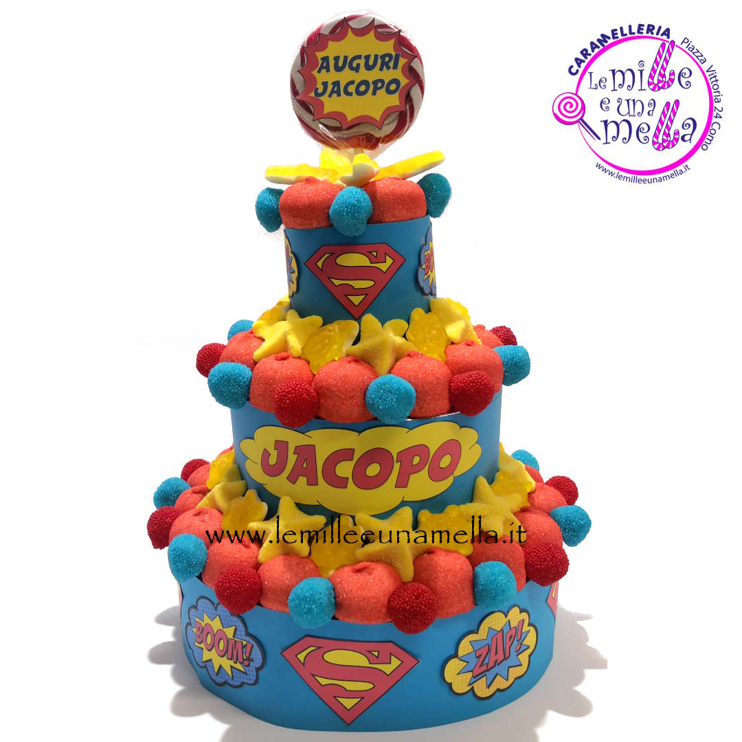torta di caramelle e marshmallow per compleanno Superman, vendita online Le Mille e una Mella