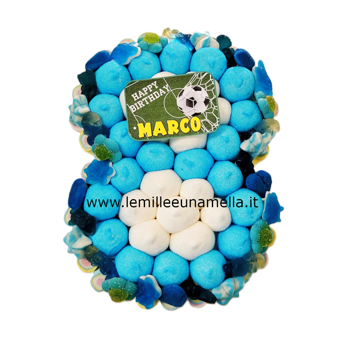 torta di caramelle e marshmallow Calcio numero compleanno vendita online Le Mille e una Mella