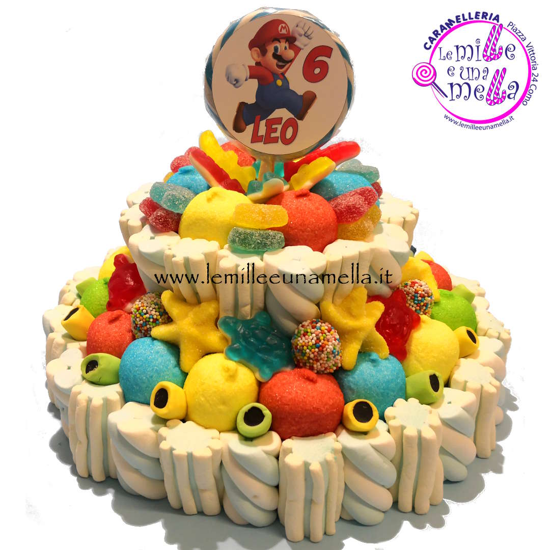 torta di caramelle e marshmallow per compleanno Super Mario, vendita online Le Mille e una Mella