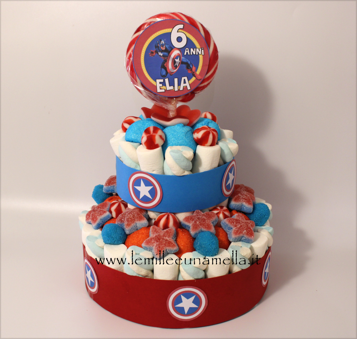 torta di caramelle e marshmallow compleanno Capitan America vendita online Le Mille e una Mella