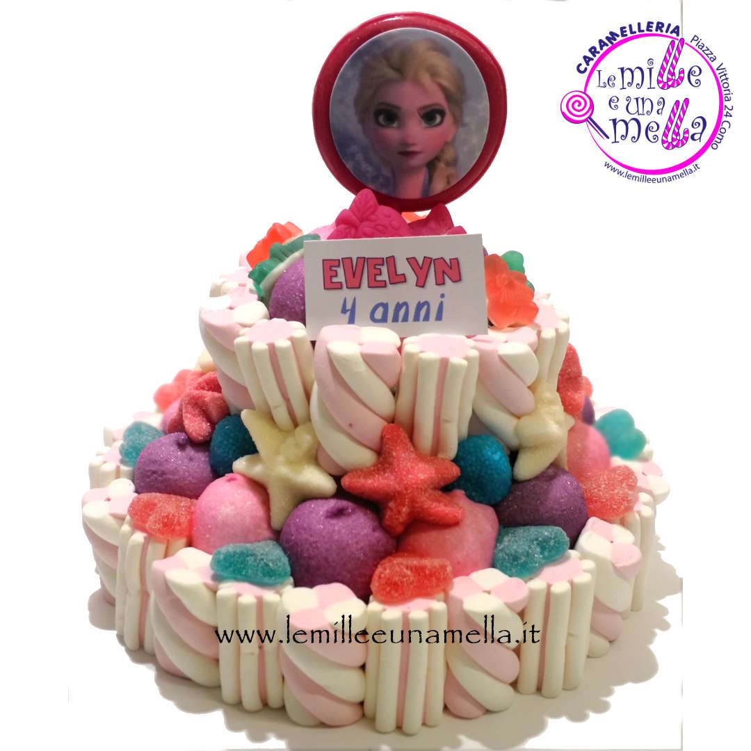 torta di caramelle e marshmallow per compleanno Frozen, vendita online Le Mille e una Mella