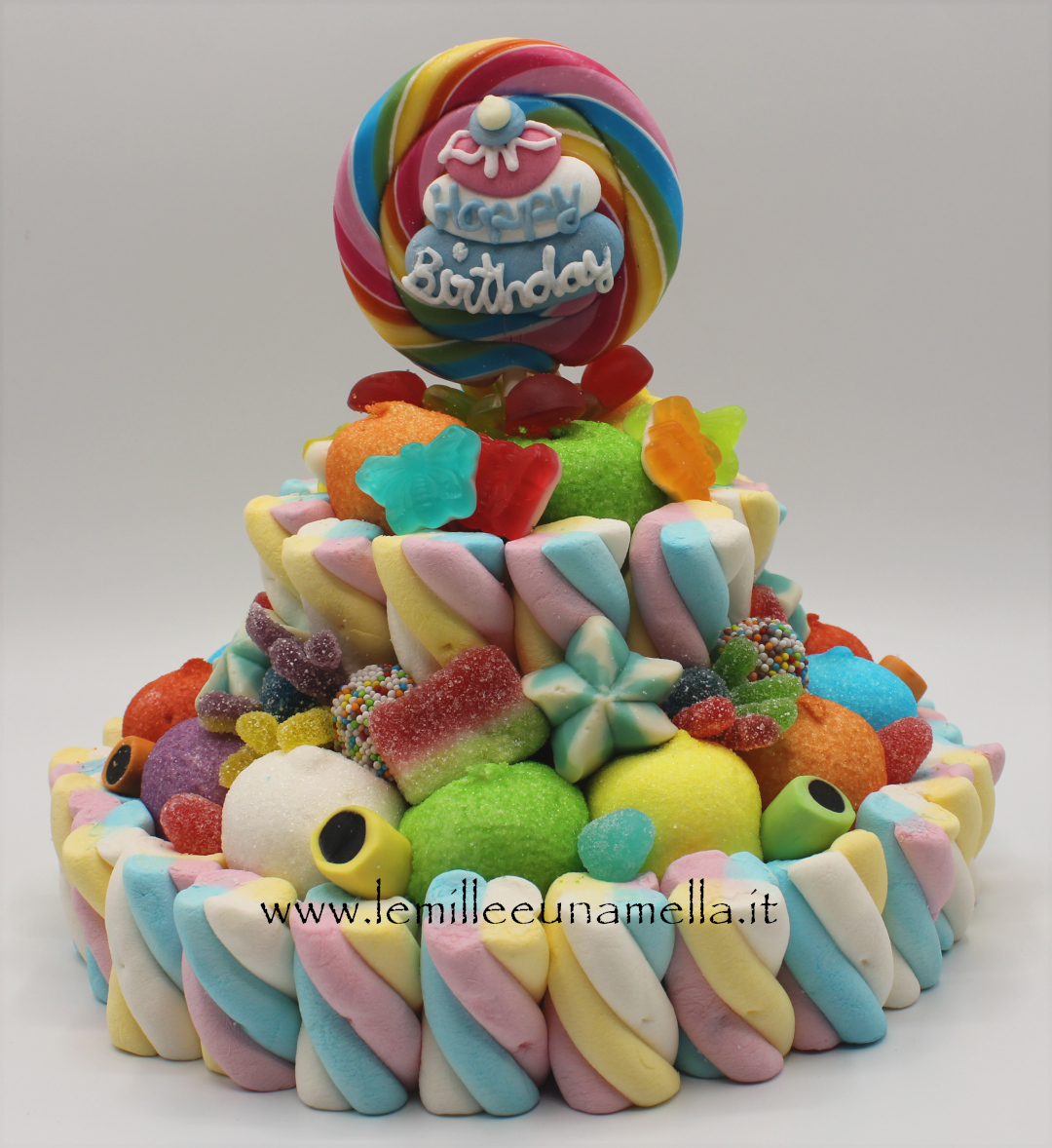 torta di caramelle gommose e marshmallow happy birthday vendita online Le Mille e una Mella