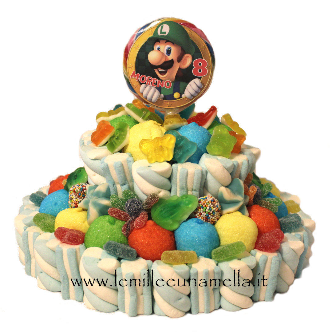 torta di caramelle e marshmallow per compleanno Super Mario, vendita online Le Mille e una Mella