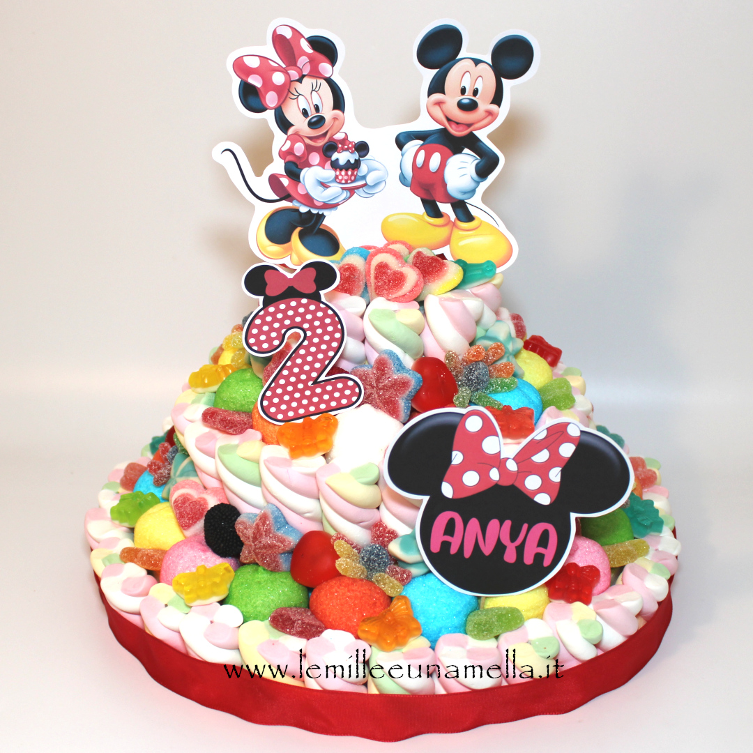 torta di caramelle e marshmallow compleanno Minnie e Topolino vendita online Le Mille e una Mella