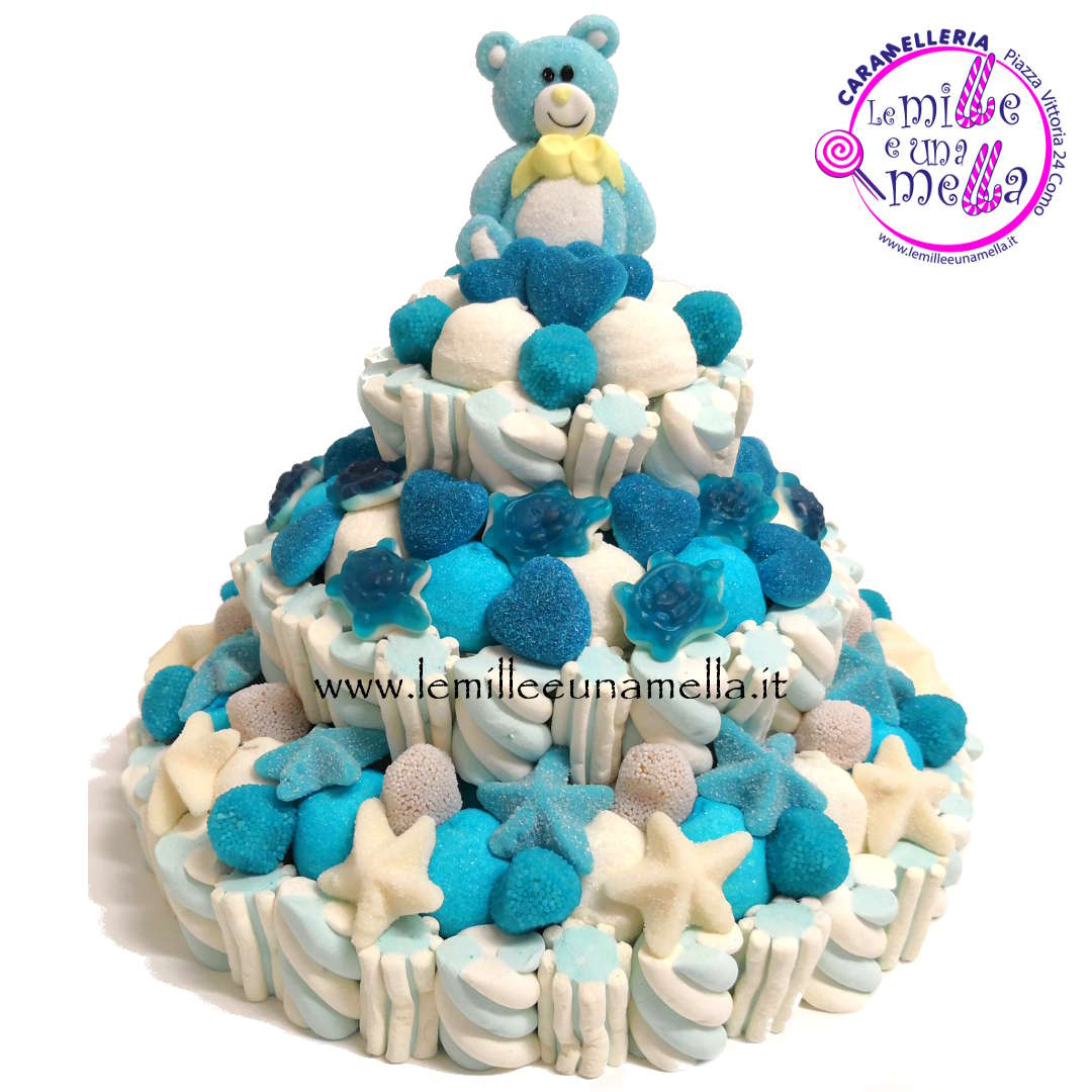 TORTA DI CARAMELLE E MARSHMALLOW A 3 PIANI - BATTESIMO/NASCITA ORSETTO  AZZURRO - Le Mille e una Mella