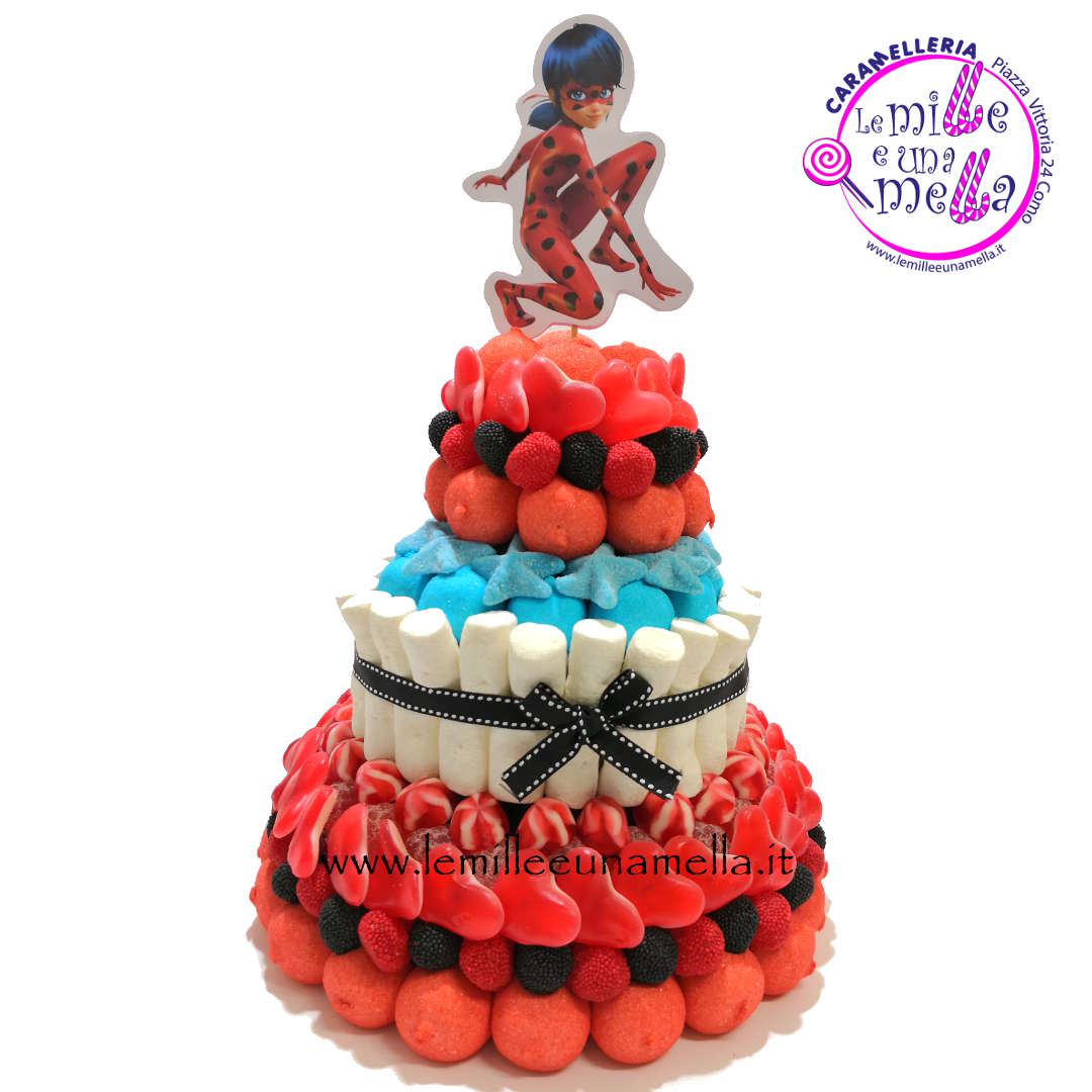 torta di caramelle e marshmallow a tema Lady Bug per compleanno, vendita online Le Mille e una Mella