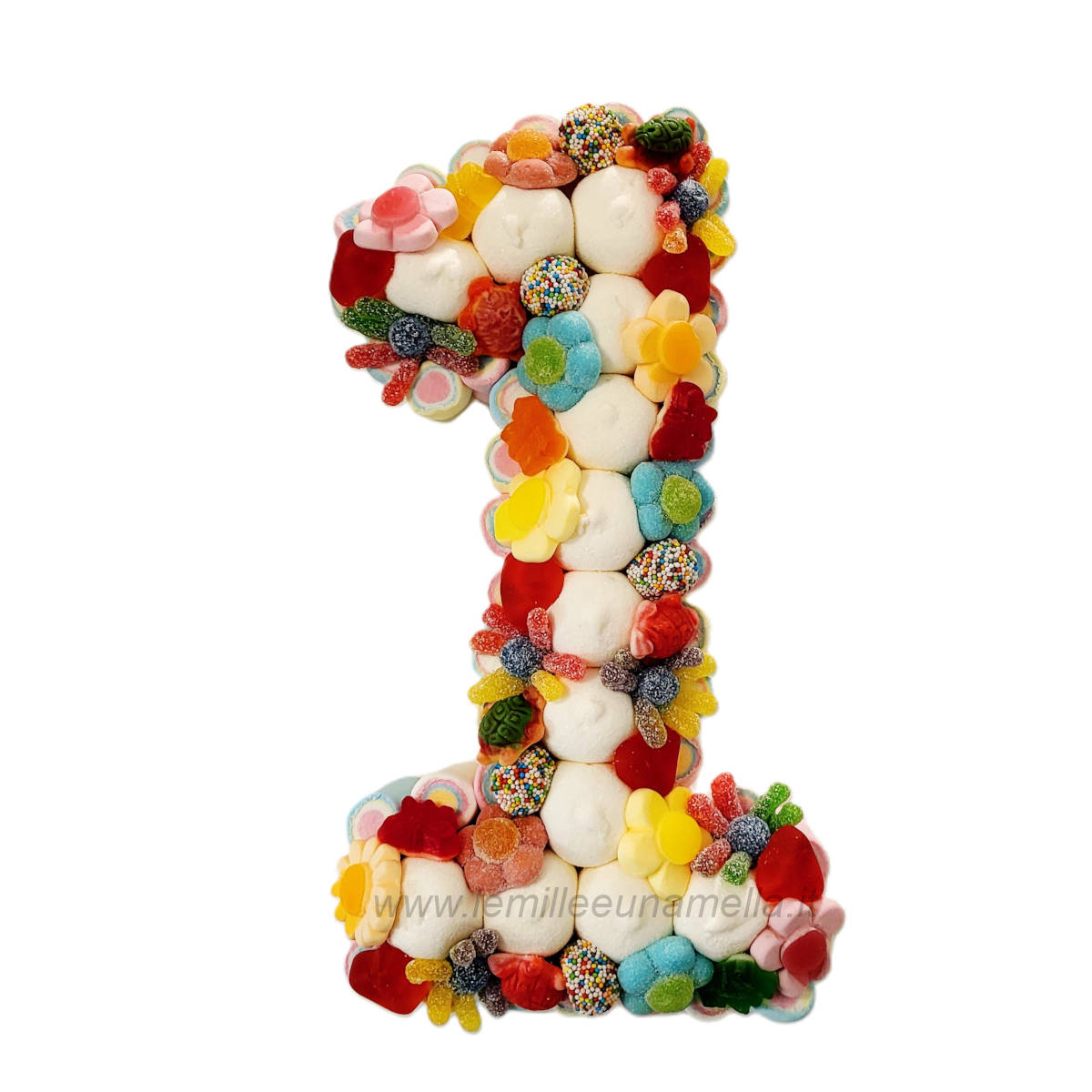 torta di caramelle e marshmallow a forma di numero per compleanno, vendita online Le Mille e una Mella