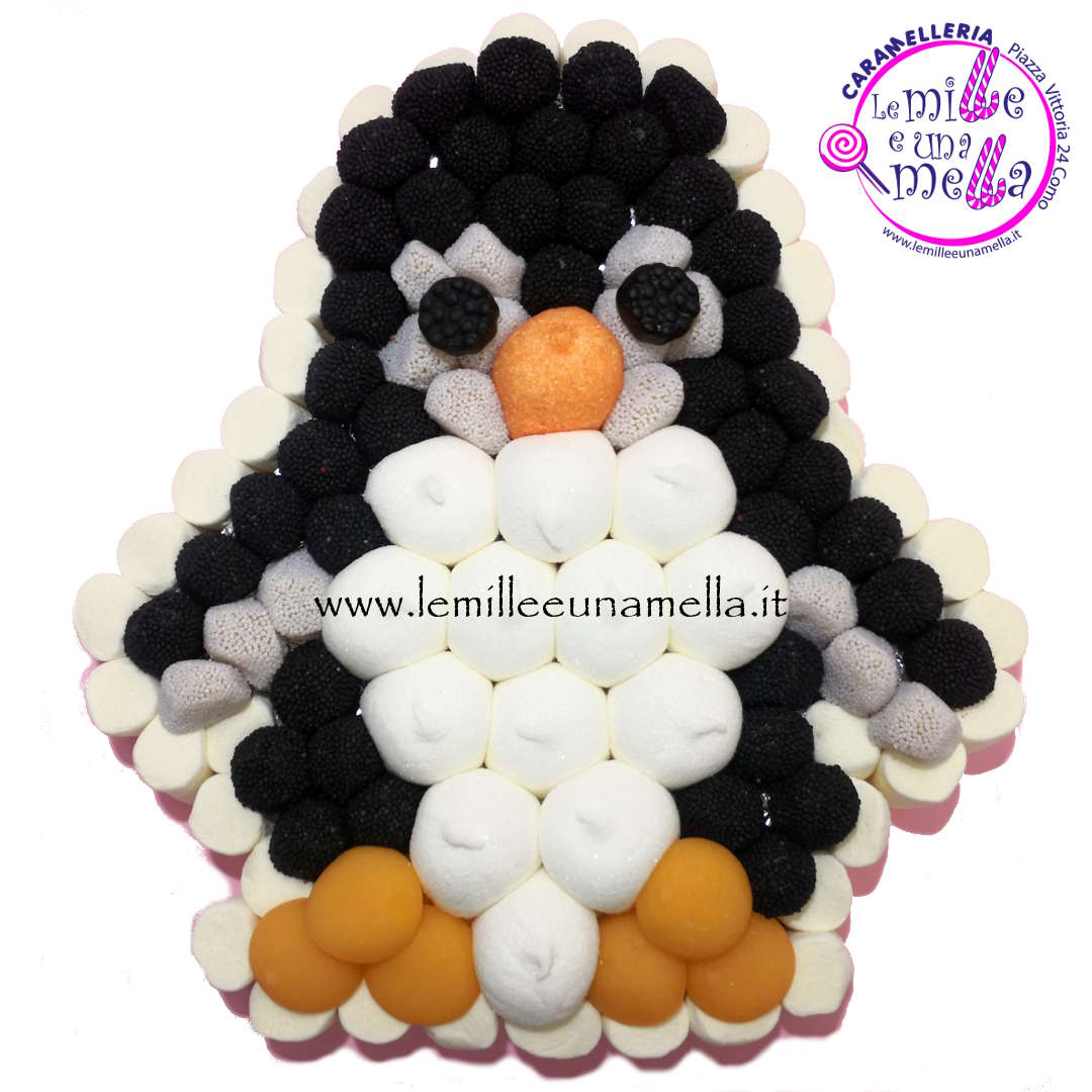 torta di caramelle e marshmallow a forma di pinguino per compleanno, vendita online Le Mille e una Mella